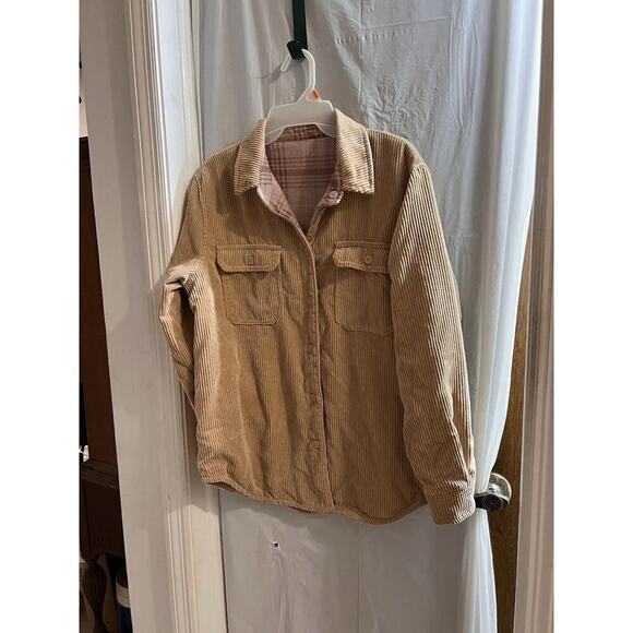 Love Tree Womens Jacket Size M Medium Tan Corduroy Reversible Shacket Pink Plaid - Picture 1 of 7